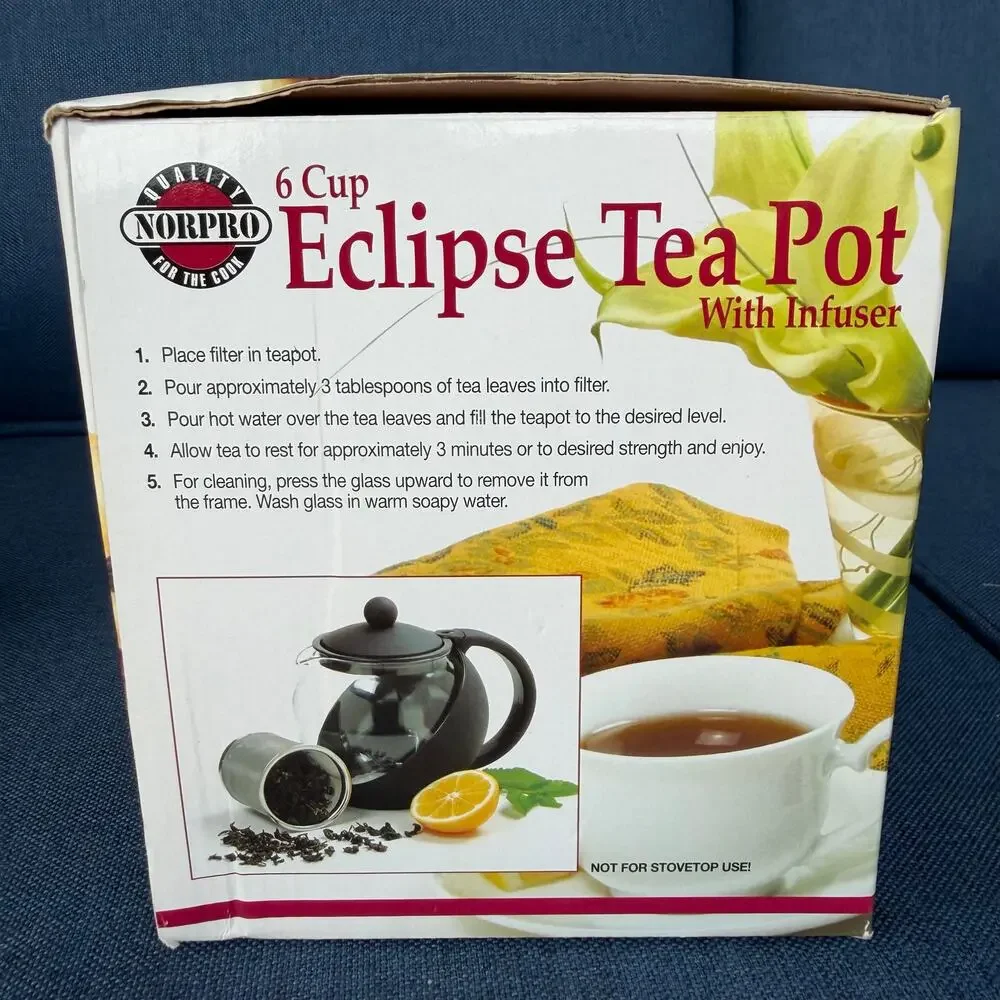 Norpro Eclipse Tea Pot with Infuser 6 Cup Tempered Glass Stainless Steel NOS